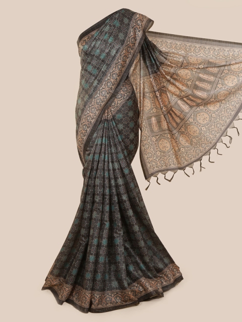 

Pothys Charcoal Grey & Green Jute Silk Printed Saree
