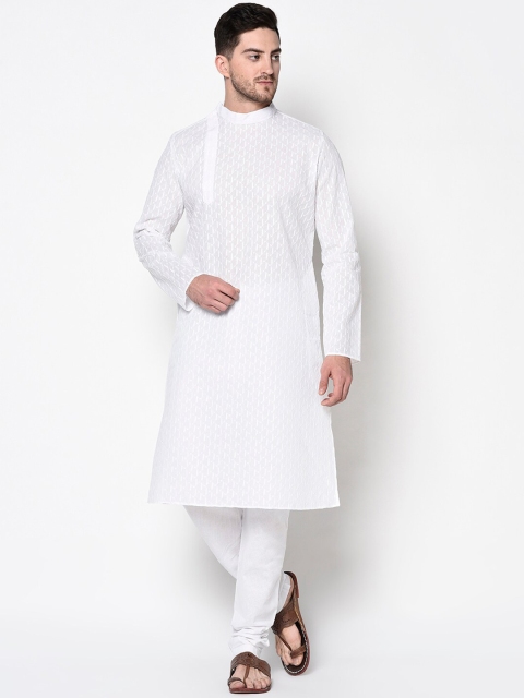 

LAMAAYA Men White Woven Design Thread Work Kurta