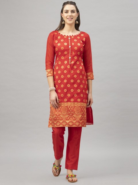 

Satrani Red & Gold-Toned Poly Silk Unstitched Dress Material