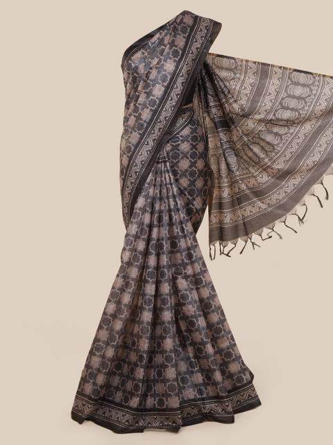 

Pothys Charcoal Grey & Beige Jute Silk Printed Saree