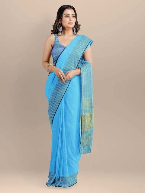 

BharatSthali Blue Pure Cotton Solid Maheshwari Saree