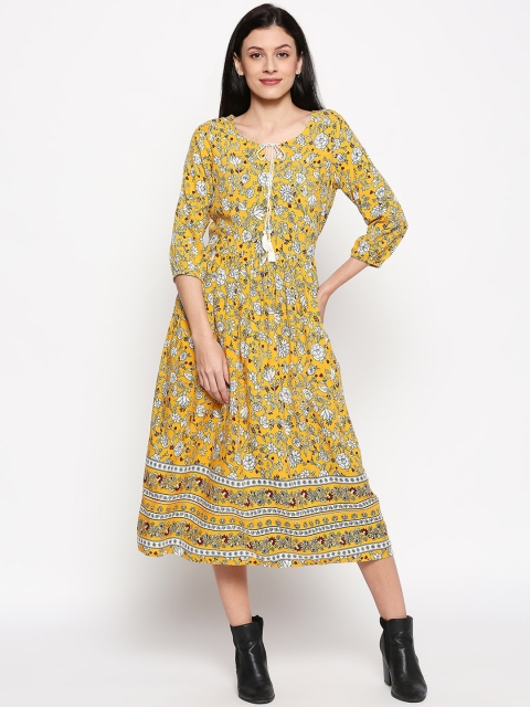 

People Women Yellow Printed A-Line Dress