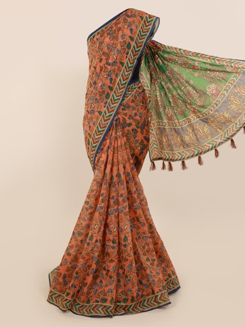 

Pothys Orange & Green Cotton Blend Printed Chanderi Saree