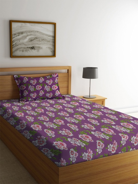 

MAYFAIR HOMES LONDON Purple Floral 104 TC Cotton 1 Single Bedsheet with 1 Pillow Covers