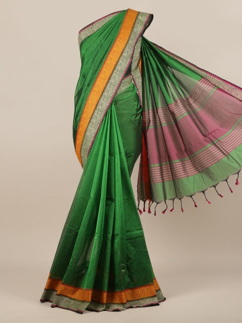 

Pothys Green & Orange Silk Cotton Solid Saree