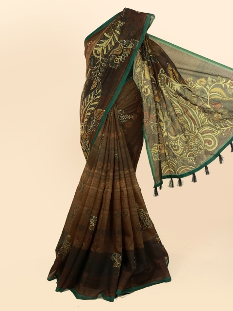 

Pothys Brown & Green Cotton Blend Woven Design Saree