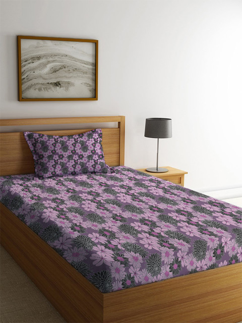 

MAYFAIR HOMES LONDON Lavender Floral 104 TC Cotton 1 Single Bedsheet with 1 Pillow Covers