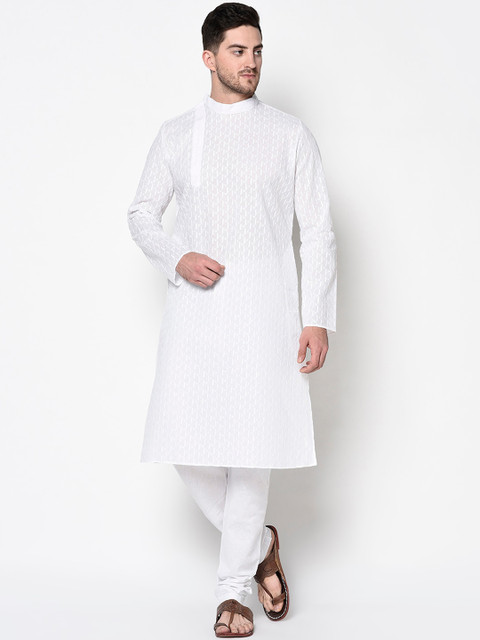 

LAMAAYA Men White Embroidered Kurta with Pyjamas