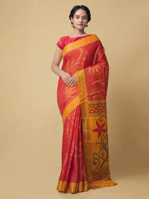 

Unnati Silks Red & Mustard Silk Cotton Printed Chanderi Saree