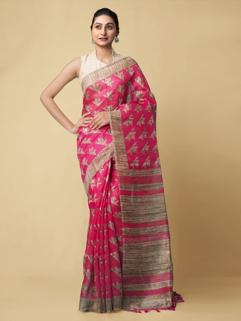 

Unnati Silks Pink & Brown Linen Blend Printed Handloom Jamdani Saree