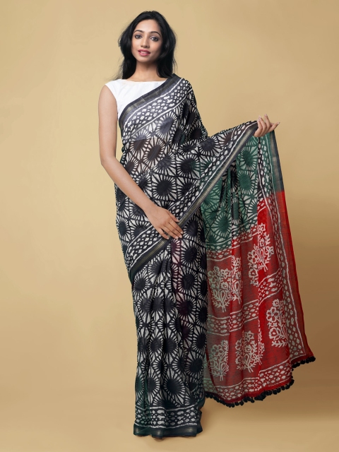 

Unnati Silks Black & Red Pure Silk Printed Block Print Saree