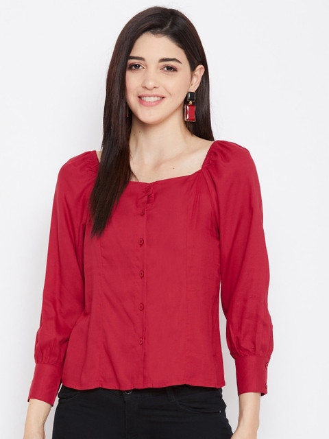 

PURYS Maroon Puff Sleeves Regular Top