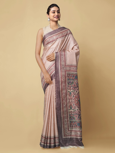 

Unnati Silks Brown Pure Silk Printed Block Print Saree
