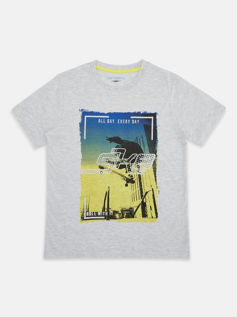 

Pantaloons Junior Boys Grey Melange Printed Round Neck Pure Cotton T-shirt
