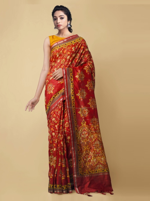 

Unnati Silks Red Silk Cotton Printed Chanderi Saree