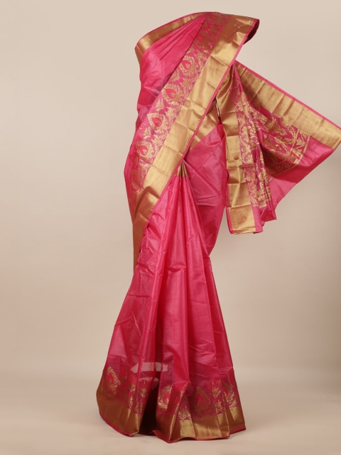

Pothys Pink & Gold-Toned Pure Silk Solid Tussar Saree