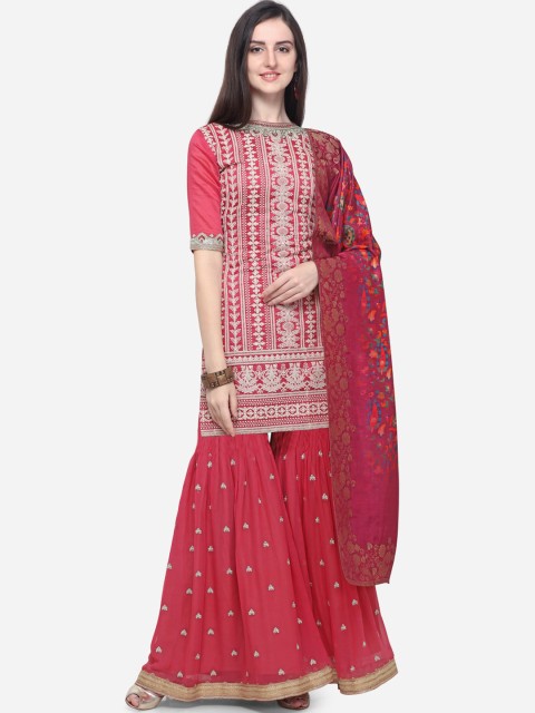 

Stylee LIFESTYLE Magenta & Gold-Toned Silk Blend Semi-Stitched Dress Material