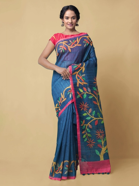 

Unnati Silks Blue Silk Cotton Printed Chanderi Saree