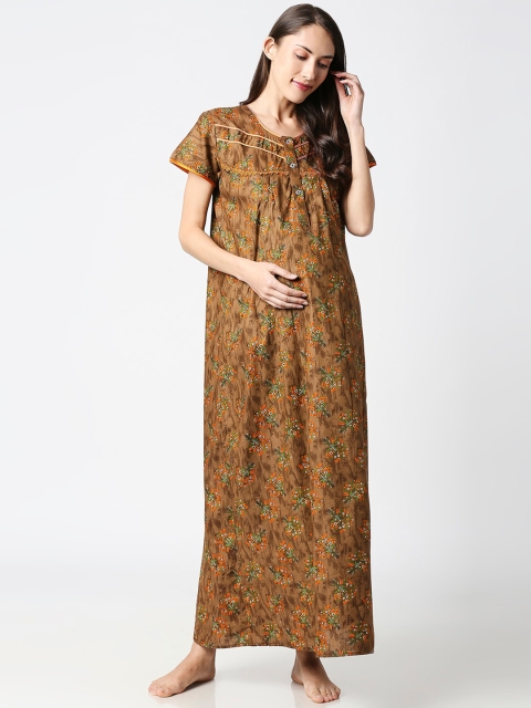 

AV2 Brown & Orange Printed Cotton Maternity Nursing Nightdress