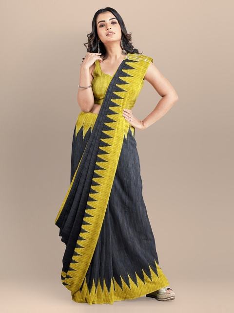 

BharatSthali Grey & Yellow Pure Silk Colourblocked Sambalpuri Saree