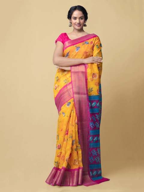 

Unnati Silks Yellow & Pink Silk Cotton Digital Printed Handloom Chanderi Saree