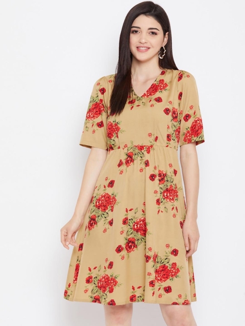 

PURYS Women Brown Printed Fit and Flare Dress