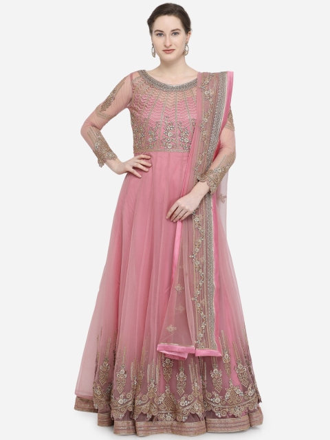 

Stylee LIFESTYLE Pink & Gold-Toned Net Semi-Stitched Dress Material