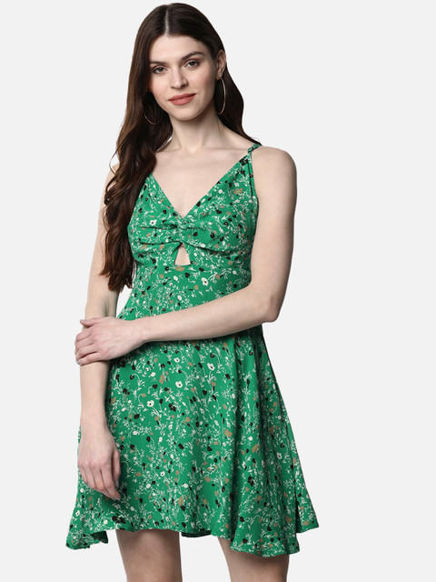 

FIVE STONES Women Green Printed Fit and Flare Dress