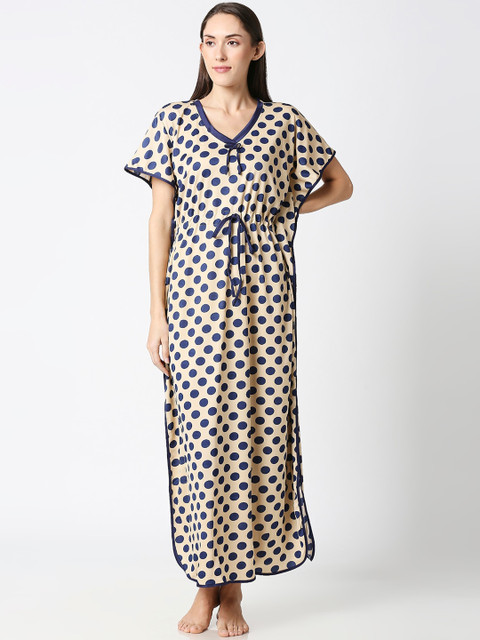 

AV2 Beige & Navy Blue Printed Nightdress