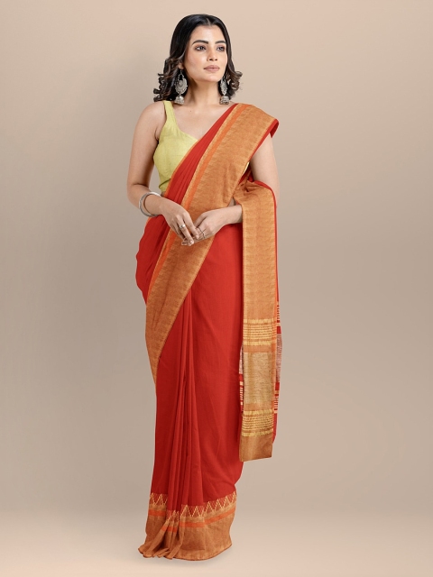 

BharatSthali Red Pure Cotton Solid Maheshwari Saree