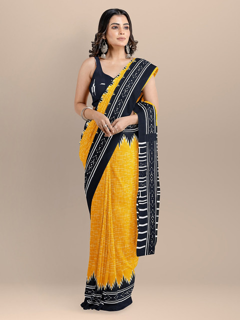 

BharatSthali Yellow Woven Design Block Print Saree