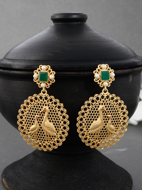 

Silvermerc Designs Gold-Plated & Green Contemporary Drop Earrings