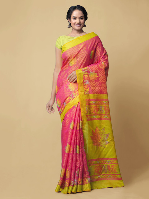 

Unnati Silks Pink Silk Cotton Woven Design Chanderi Saree
