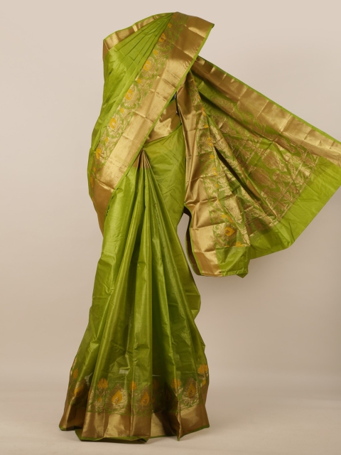 

Pothys Green & Gold-Toned Pure Silk Solid Tussar Saree