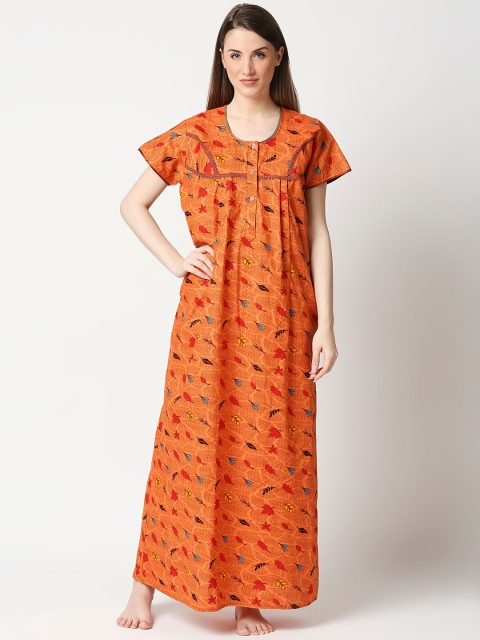 

AV2 Orange & Yellow Printed Cotton Maternity Nursing Nightdress