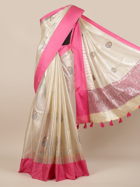 

Pothys Cream-Coloured & Pink Silk Cotton Embroidered Saree