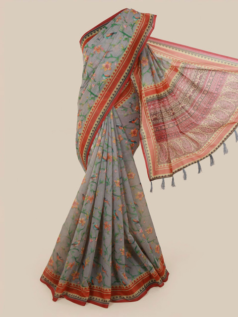 

Pothys Grey & Orange Cotton Blend Printed Saree