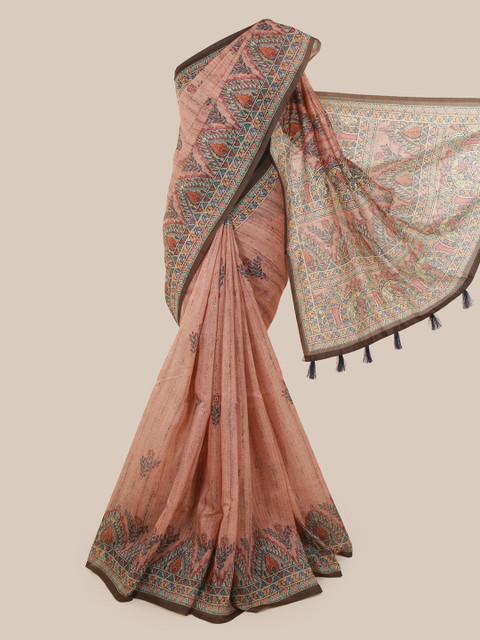 

Pothys Peach-Coloured & Blue Cotton Blend Printed Saree