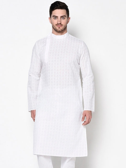 

LAMAAYA Men White Chikankari Embroidered Kurta with Churidar