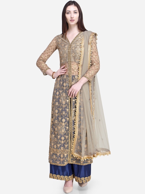

Stylee LIFESTYLE Beige & Blue Net Semi-Stitched Dress Material
