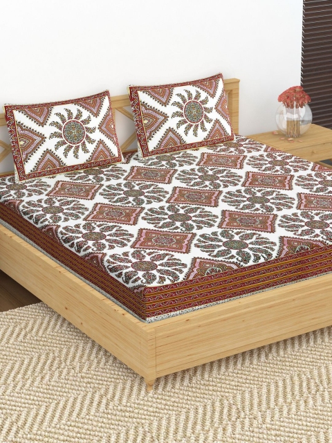 METRO LIVING Brown & White Ethnic Motifs 104 TC Cotton 1 Queen Bedsheet & 2 Pillow Covers