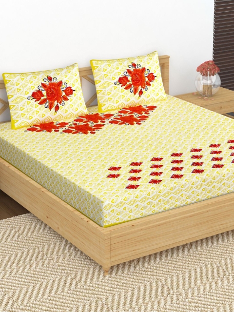 

METRO LIVING Yellow & Red Floral 104 TC Cotton 1 Queen Bedsheet with 2 Pillow Covers