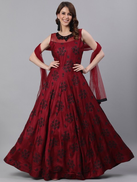 

Ishin Women Maroon Embellished Gown Dress with Dupatta
