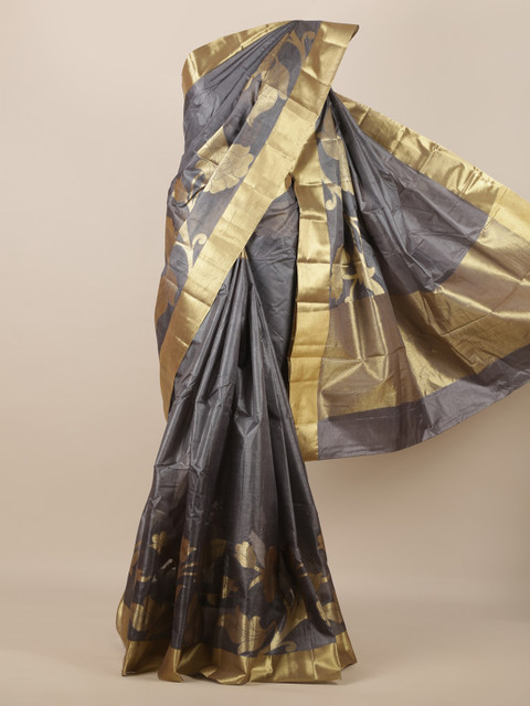 

Pothys Grey & Gold-Toned Pure Silk Woven Design Tussar Saree