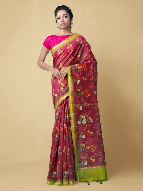 

Unnati Silks Red Silk Cotton Printed Chanderi Saree With Tasseled Pallu