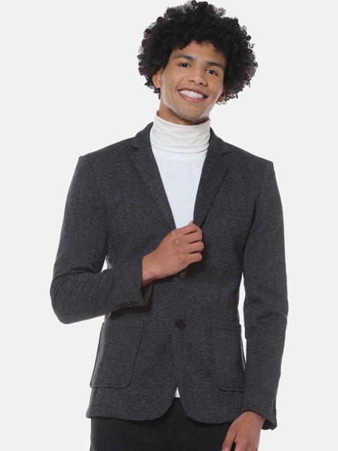 Campus Sutra Men Black Woven Design Regular Fit Single-Breasted Casual Blazer, Charcoal