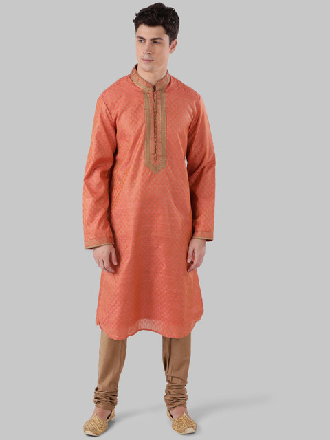 

Ethnix By Raymond Men Peach-Coloured Woven Design Straight Kurta