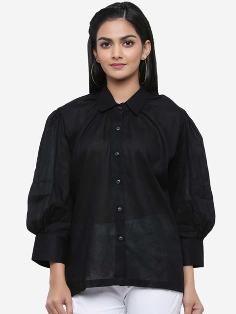 

Tistabene Women Black Pure Cotton Solid Shirt Style Top