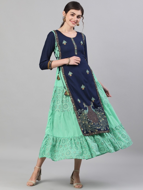 

Ishin Women Navy Blue & Green Ethnic Motifs Embroidered Kurta