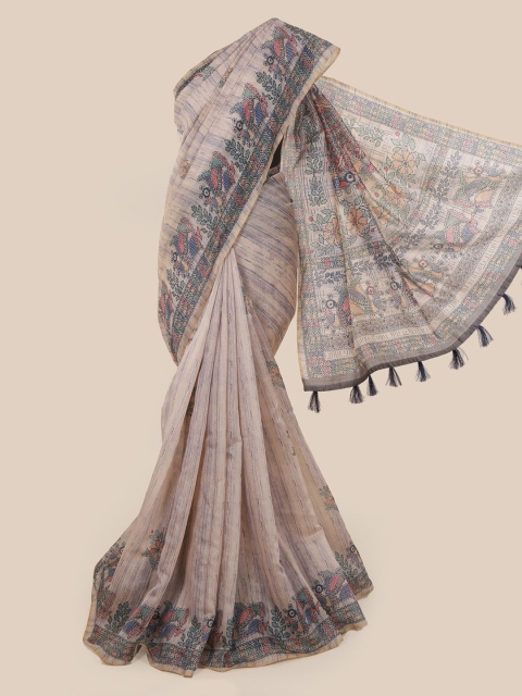 

Pothys Beige & Blue Cotton Blend Printed Saree